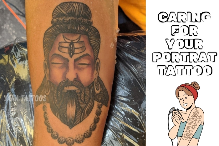 Portrait tattoo of a meditative figure created by Yaara Tattoos in Coimbatore. This custom tattoo showcases expert shading and intricate detailing, highlighting the skill of our tattoo artists. Visit Yaara Tattoos in Coimbatore for personalized portrait tattoos and proper tattoo care advice