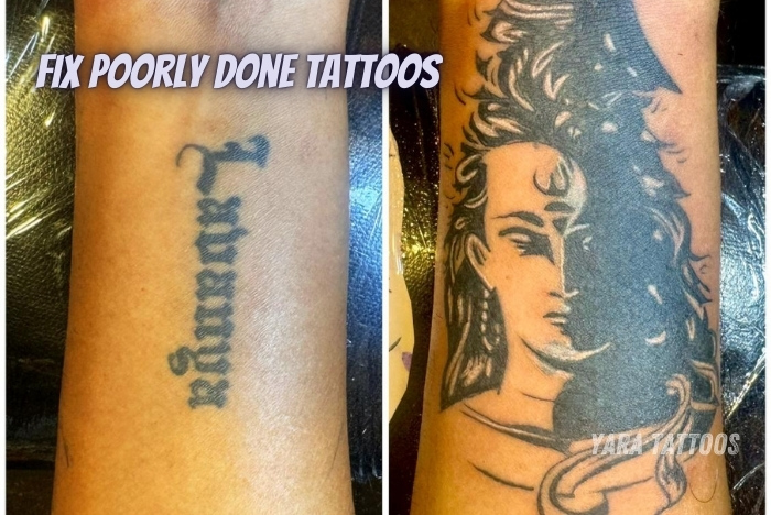 Before and after tattoo correction by Yaara Tattoos in Coimbatore, transforming a poorly done tattoo into a detailed and artistic design. Our expert tattoo artists specialize in fixing and reworking tattoos to perfection. Visit Yaara Tattoos in Coimbatore for professional tattoo repair services