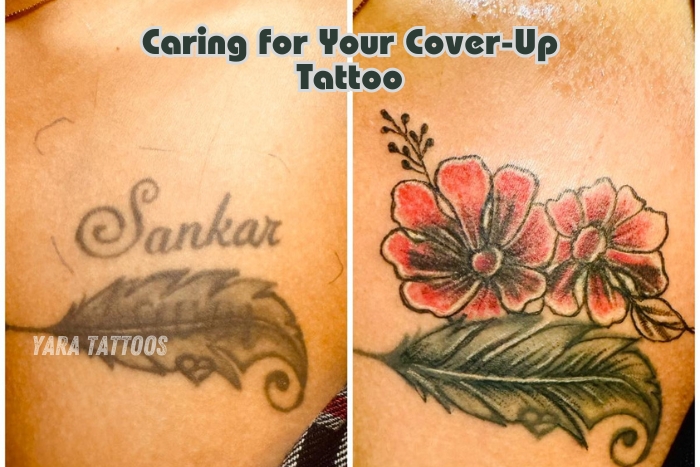 Before and after cover-up tattoo by Yaara Tattoos in Coimbatore, transforming a name tattoo into a vibrant floral design. Our tattoo artists specialize in popular cover-up styles to refresh old tattoos with beautiful new artwork. Visit Yaara Tattoos in Coimbatore for expert tattoo cover-ups