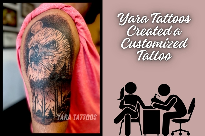 Custom eagle-themed tattoo on the upper arm, crafted by Yaara Tattoos in Coimbatore. This detailed design reflects the artistic expertise of our tattoo artists, offering fully personalized tattoo services. Visit Yaara Tattoos in Coimbatore for unique, customized tattoos that tell your story