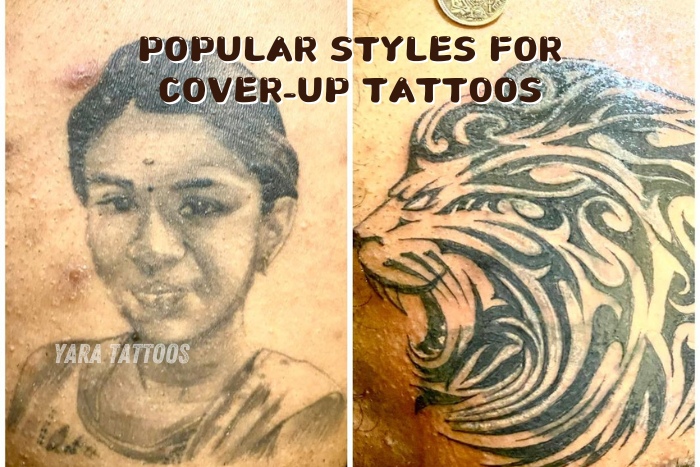 Before and after cover-up tattoo transformation by Yaara Tattoos in Coimbatore, replacing an old portrait tattoo with a bold lion design. Specializing in popular cover-up tattoo styles, Yaara Tattoos offers expert tattoo reworks. Visit our Coimbatore studio for personalized tattoo solutions