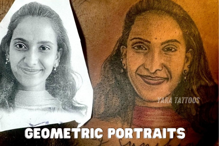 Geometric portrait tattoo designed by Yaara Tattoos in Coimbatore, showcasing a highly detailed and personalized likeness of a client. Specializing in custom portrait tattoos, Yaara Tattoos transforms photos into timeless artwork. Visit our studio in Coimbatore for expert tattoo artistry