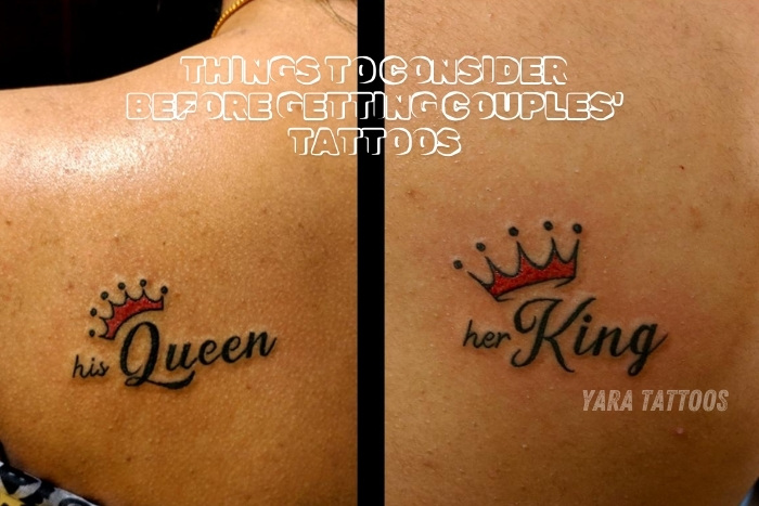 Matching 'his Queen' and 'her King' couple tattoos with crown designs, crafted by Yaara Tattoos in Coimbatore. These elegant tattoos symbolize love and commitment. For personalized couples' tattoos, visit Yaara Tattoos in Coimbatore to create meaningful body art together