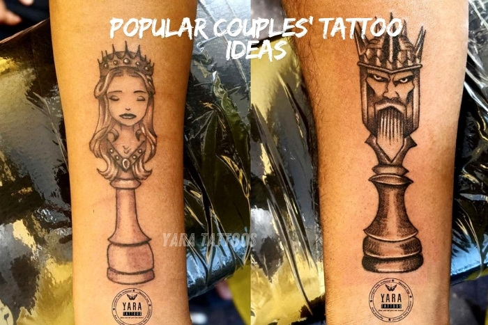 Matching king and queen chess piece tattoos for couples, expertly designed by Yaara Tattoos in Coimbatore. These symbolic tattoos celebrate the bond of love and partnership. Visit Yaara Tattoos in Coimbatore for creative and personalized couples' tattoo ideas