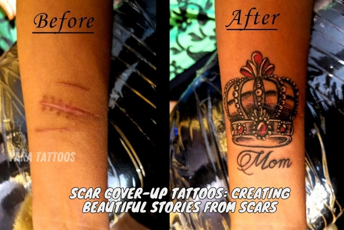 Before and after scar cover-up tattoo by Yaara Tattoos in Coimbatore, transforming a scar into a beautiful crown design with 'Mom' text. Our skilled artists specialize in creating meaningful tattoos that tell a story. Visit Yaara Tattoos in Coimbatore for expert scar cover-up tattoo services