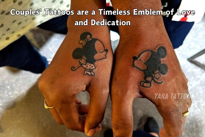 Matching couples' tattoos of beloved characters, crafted by Yaara Tattoos in Coimbatore. These timeless designs symbolize love and commitment, personalized to reflect each couple's unique bond. Visit Yaara Tattoos in Coimbatore for custom couples' tattoo services