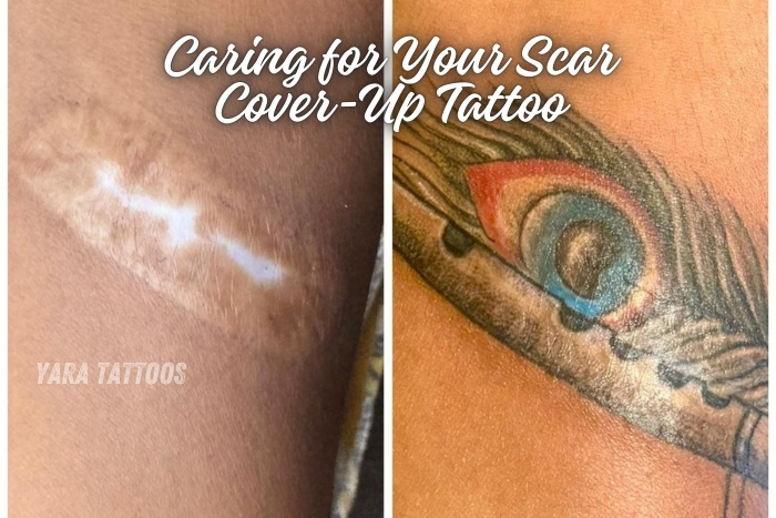 Before and after scar cover-up tattoo by Yaara Tattoos in Coimbatore, transforming a scar into a vibrant peacock feather design. Our expert artists create beautiful cover-up tattoos that restore confidence. Visit Yaara Tattoos in Coimbatore for professional scar cover-up tattoo services and aftercare guidance