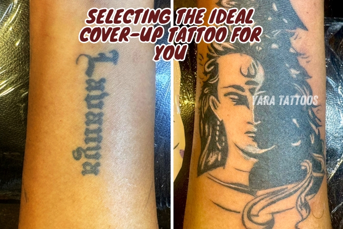 Before and after cover-up tattoo transformation by Yara Tattoos in Coimbatore, replacing an old name tattoo with a bold Shiva design