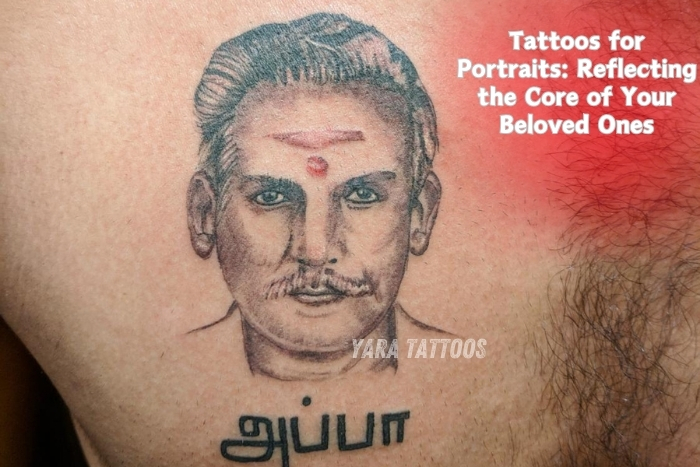 Realistic portrait tattoo of a beloved family member with Tamil script, expertly crafted by Yaara Tattoos in Coimbatore