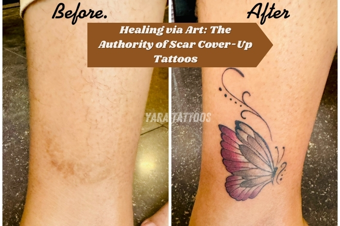 Scar cover-up tattoo transformation at Yaara Tattoos in Coimbatore Before and after results of a beautiful butterfly tattoo