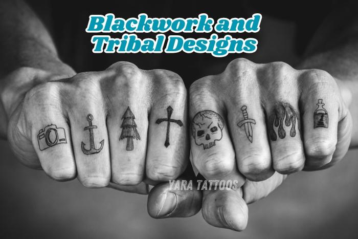 Explore bold blackwork and tribal tattoo designs and stylish finger tattoos with fine detailing at Yara Tattoos in Coimbatore