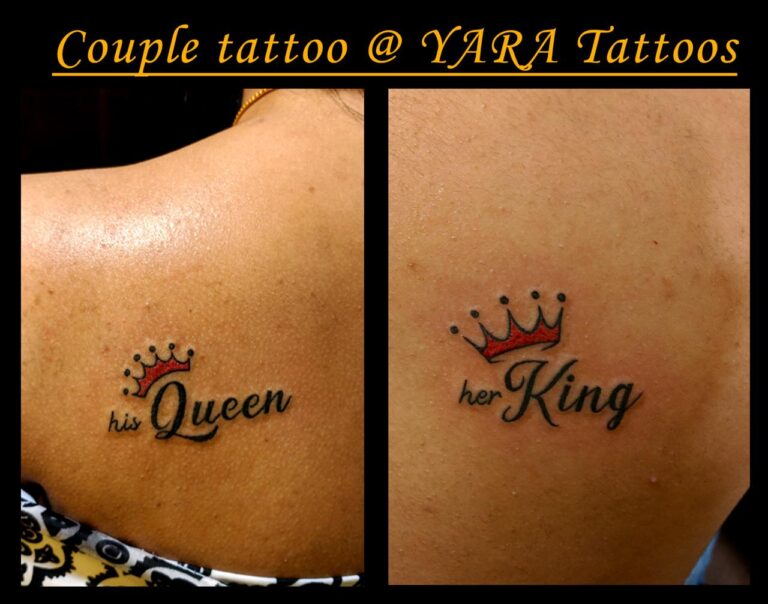 The image shows a couple name tattoo that reads, “her king” and “his queen”