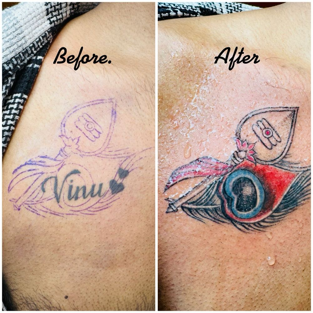 The image shows, before and after tattoo cover-up. On the left there’s a name and on the right displays a coloured version of tattoo replacing the name with a detailed colourful peacock feather, a Vel with a red ribbon around it.