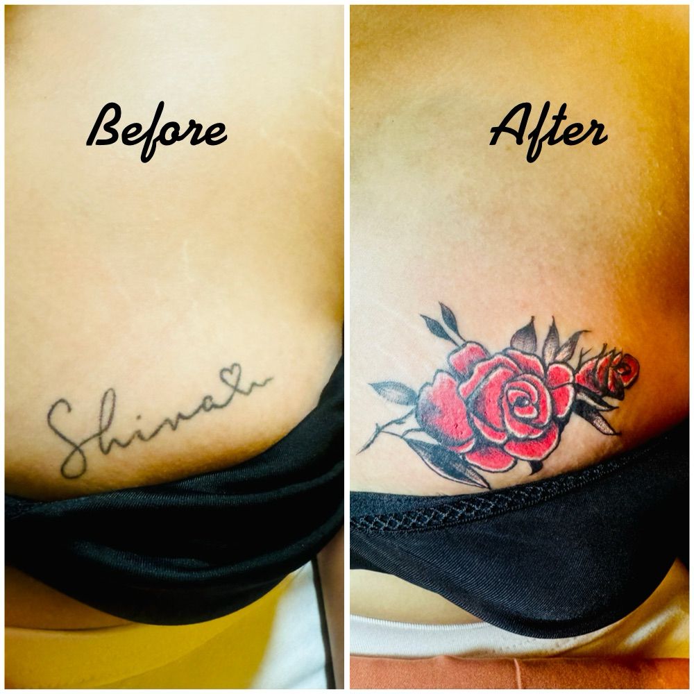 The image shows the before and after tattoo. The original tattoo “Shivani” with a small heart is transformed into a detailed red rose tattoo with black leaves.
