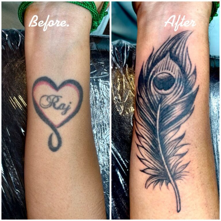 The image shows, before and after tattoo cover-up, on the left there’s a name inside a heart and on the right a detailed black and grey peacock feather tattoo fully covers the previous design.