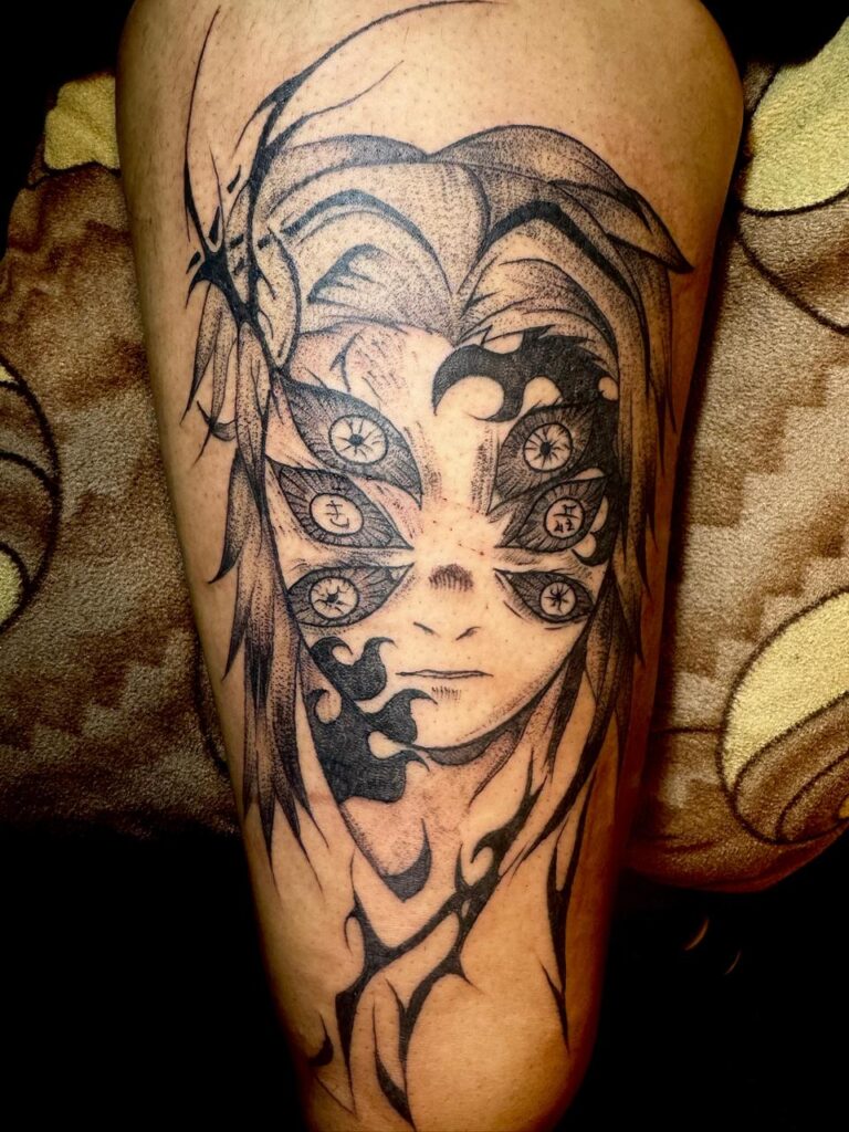 The image depicts a detailed portrait of an intimidating character, likely an anime or manga character, specifically kokushibo from a Demon Slayer: Kimetsu no Yaiba. The shading uses line work and dot work for texture and depth.