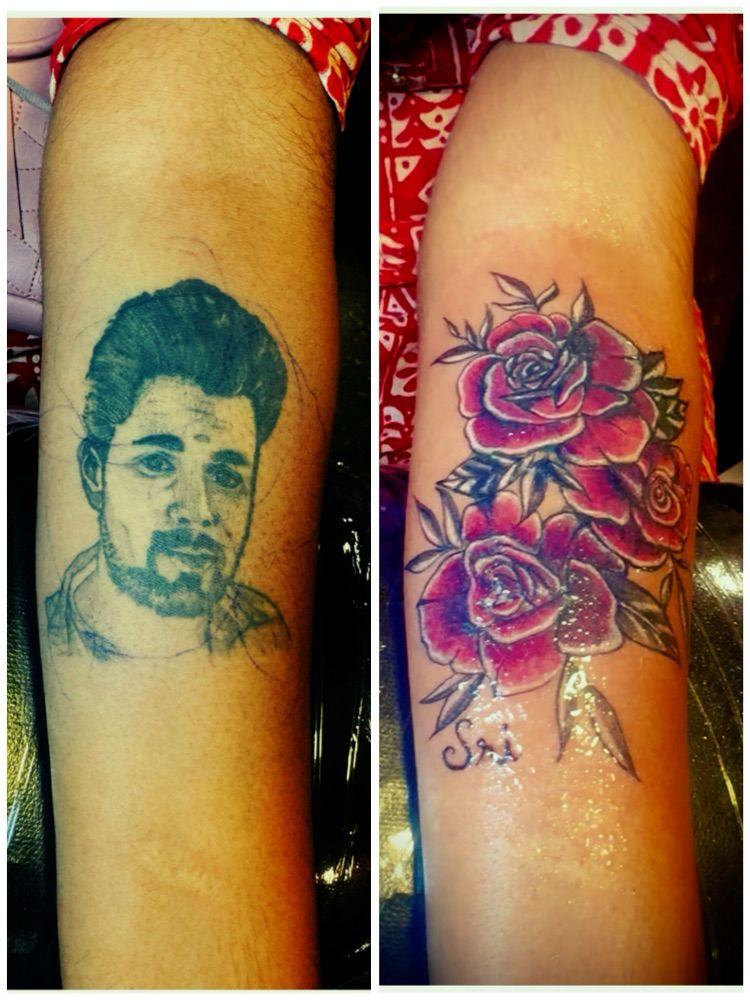 The image shows, before and after cover-up. On the left side there's an old portrait tattoo of a man’s face on the forearm while the right shows a transformed tattoo design of vibrant red and people roses, effectively covering the previous tattoo.