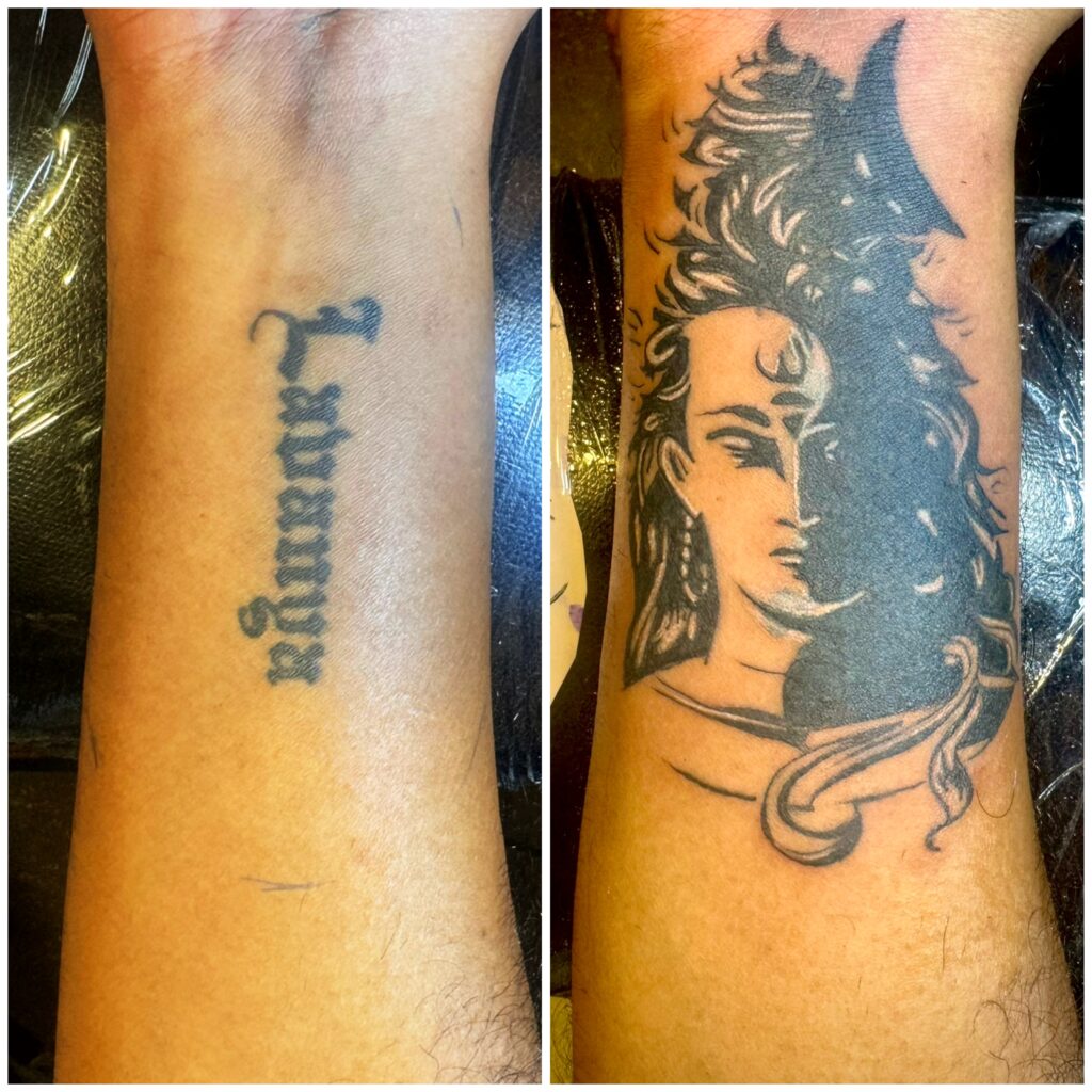 Before-and-after tattoo transformation on the forearm, showing an old faded script tattoo replaced with a bold black-and-gray portrait design featuring “lord Shiva”.
