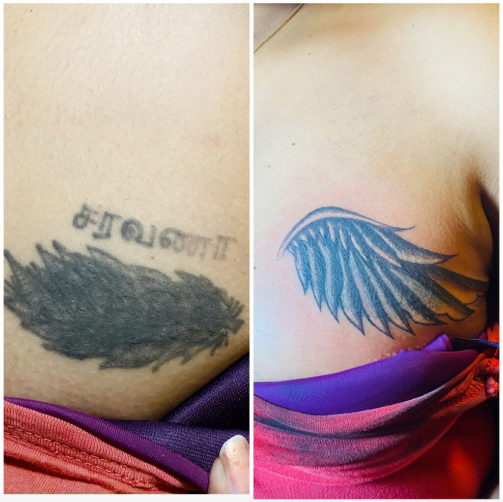 Before and after photo showing black tattoo covered with new wing design.