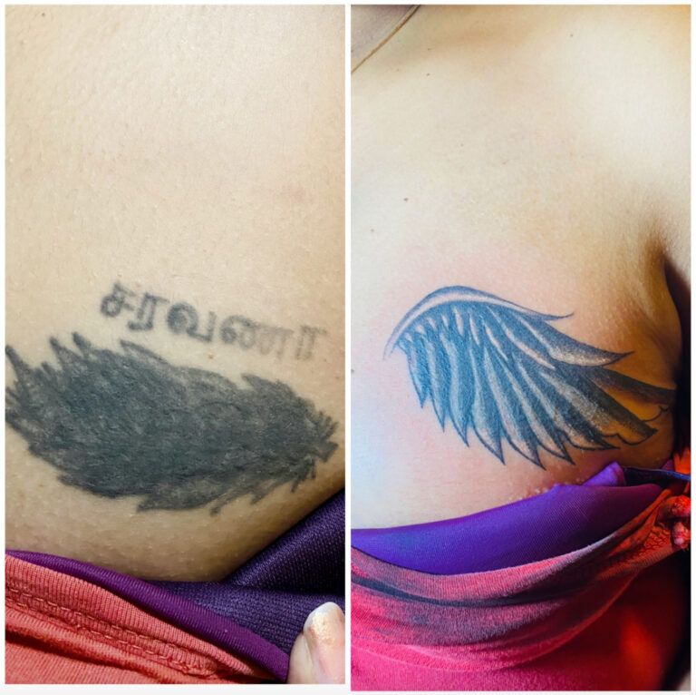 Before and after photo showing black tattoo covered with new wing design.