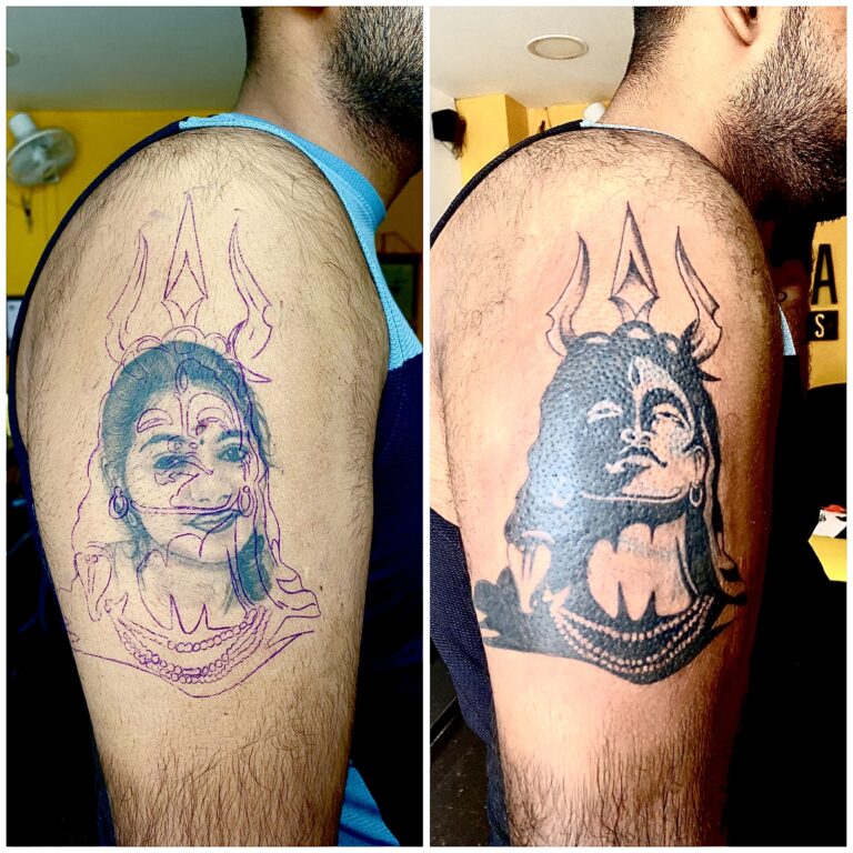 Before and after cover up tattoo showing dark ink design replacing old sketch using color theory.