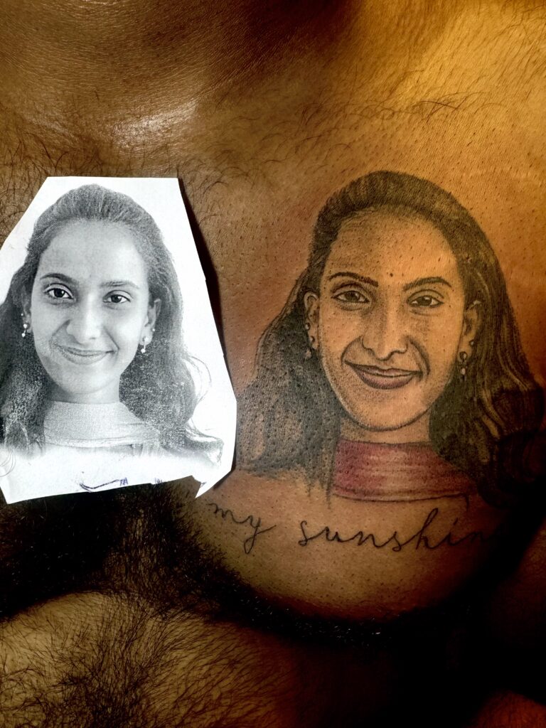 Vintage photo placed beside realistic portrait tattoo showing same woman face transformed into modern tattoo artwork.