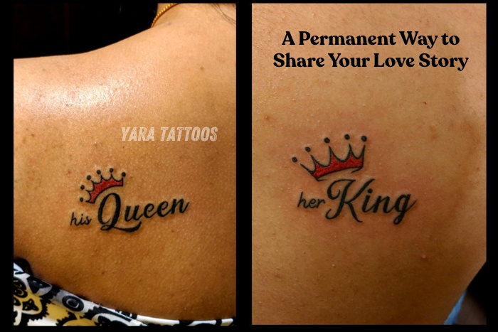 Matching His Queen and Her King couple tattoos by Yaara Tattoos in Coimbatore